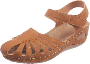 Women's Wedge Heels Ankle Strap Low Summer Sandals Closed Toe Hollow Out Orthopedic Bohemia Fishmouth Wedges Sandal