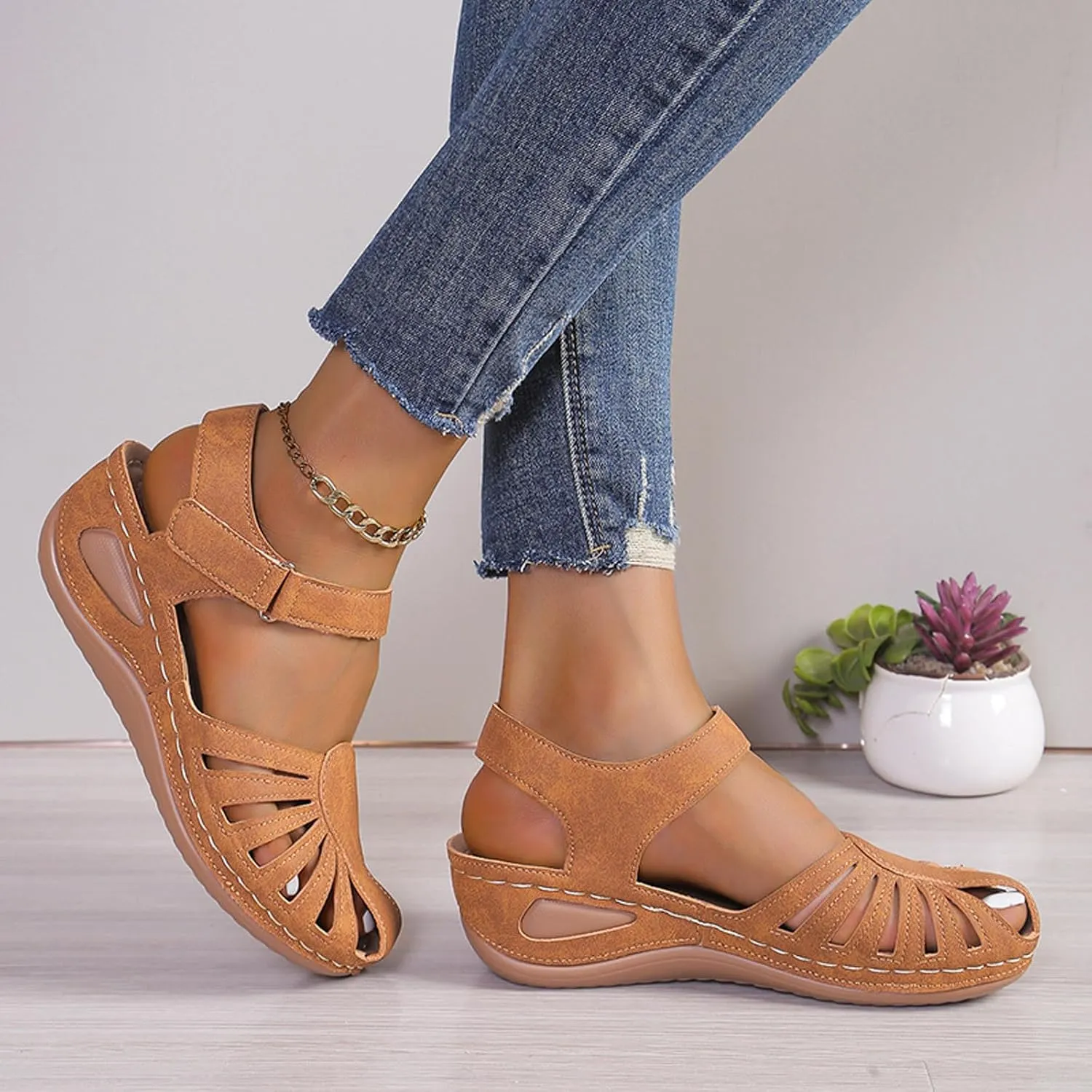 Women's Wedge Heels Ankle Strap Low Summer Sandals Closed Toe Hollow Out Orthopedic Bohemia Fishmouth Wedges Sandal