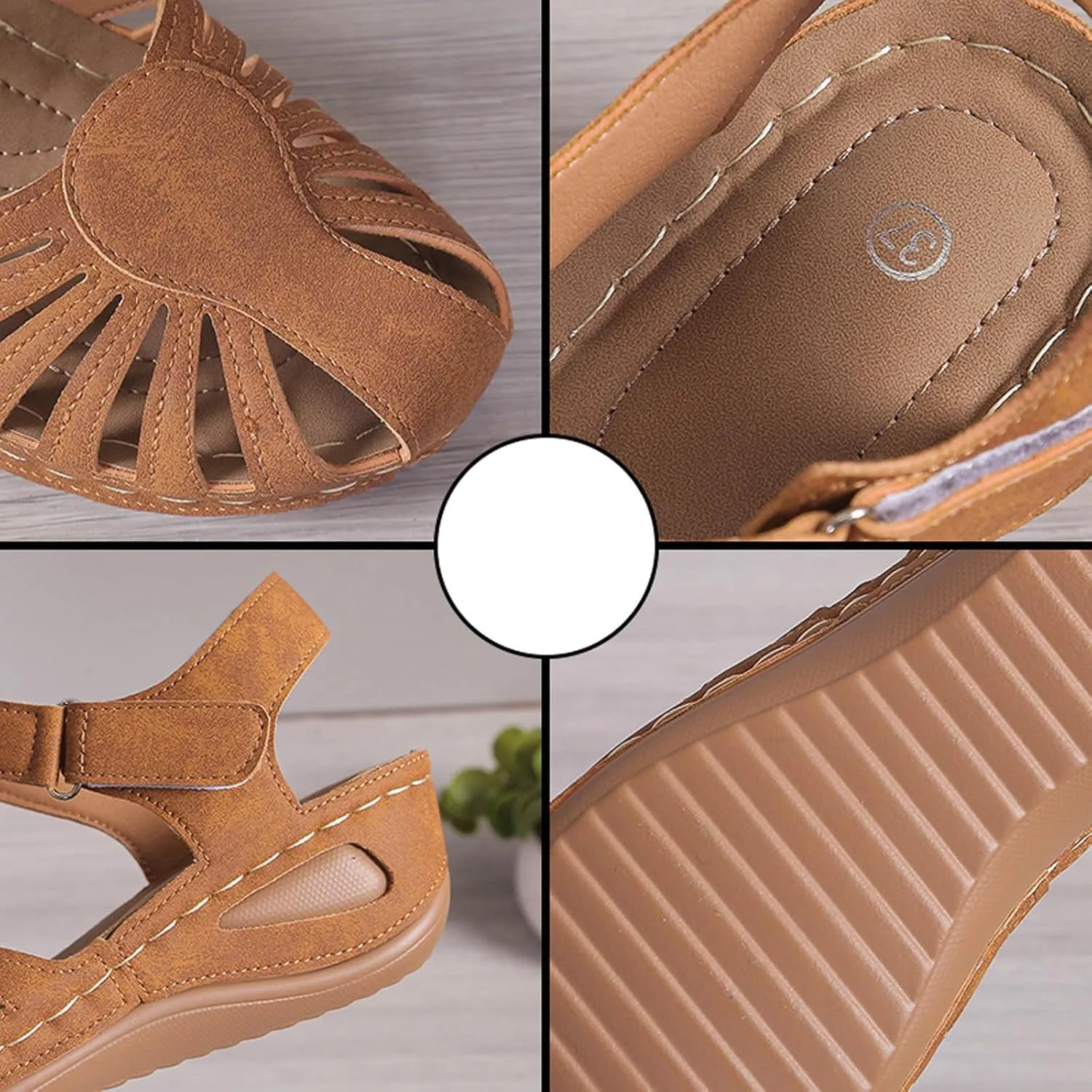 Women's Wedge Heels Ankle Strap Low Summer Sandals Closed Toe Hollow Out Orthopedic Bohemia Fishmouth Wedges Sandal